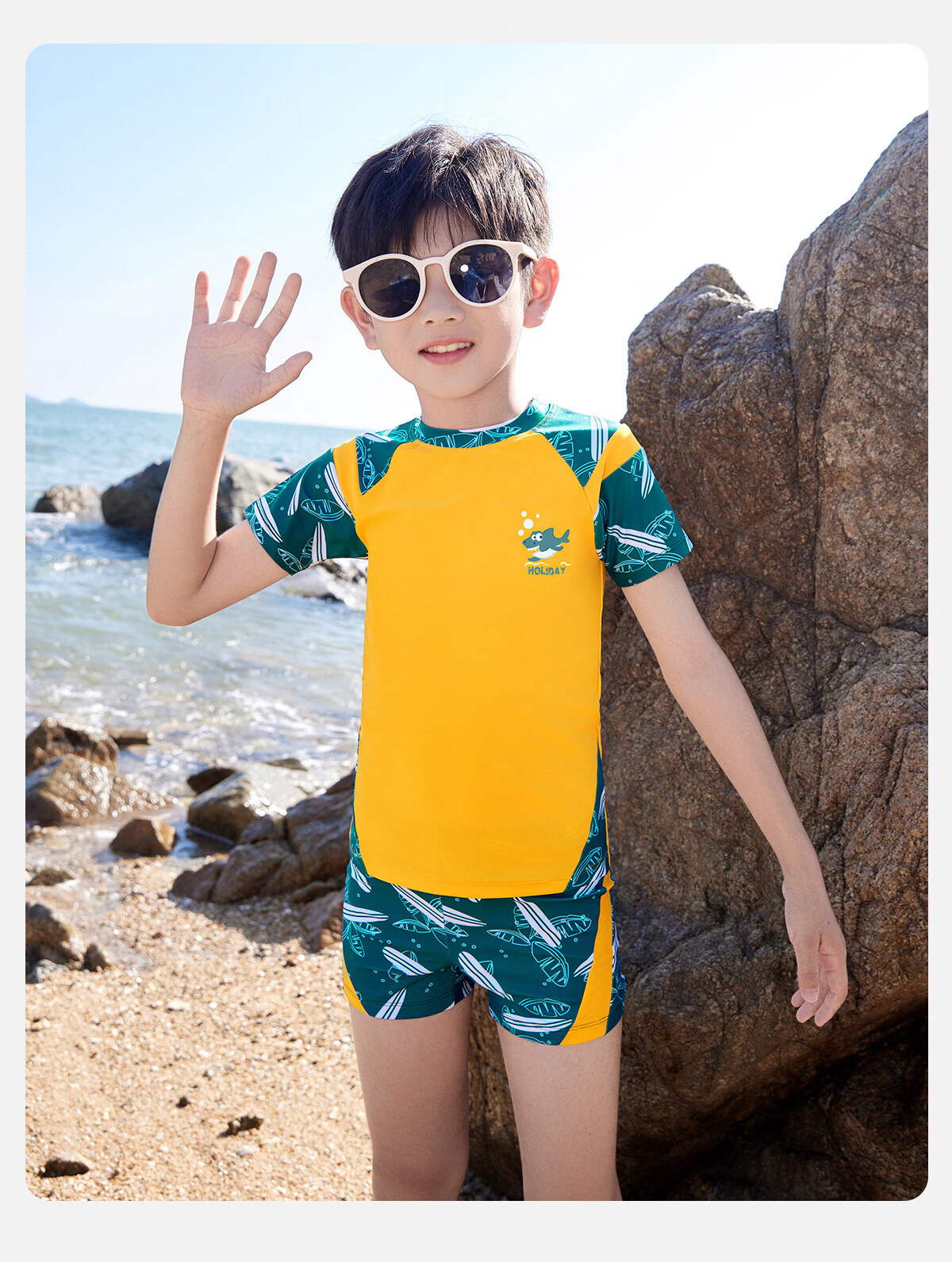 Youyou Kids Boys Short Sleeve Two-Piece Sun Protection Swimwear Professional Training Four-Piece Set 35121 Yellow 5XL 10