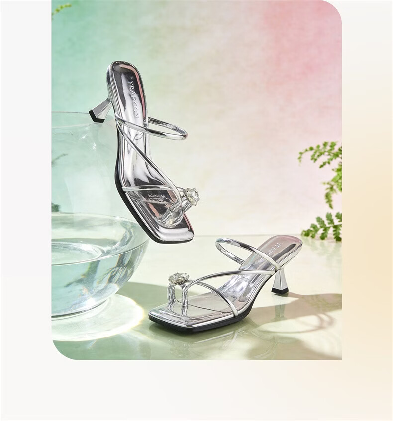 Eierkang Women's Sandals Fairy Style Rhinestone Toe-Clip Stiletto Slippers Silver 37 29041W 3
