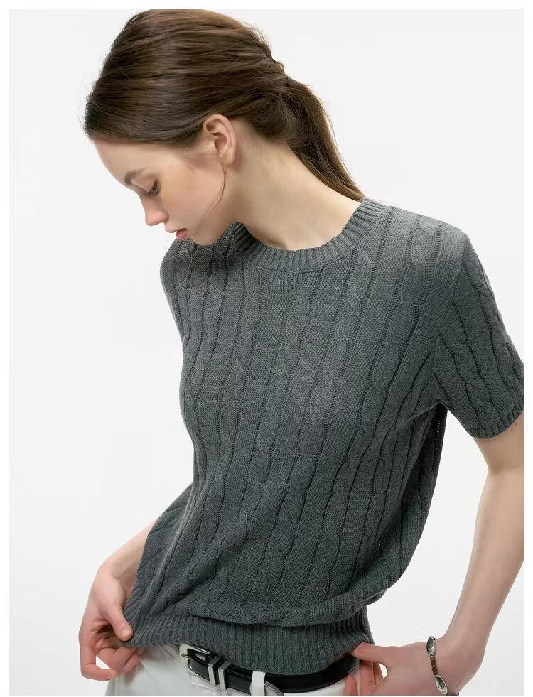 ICH MODE Intelligent Old Money Round Neck Cable Knit Short Sleeve Women's Summer Thin Mesh T-Shirt Pure Cotton Base Top Spring Off-White S 24