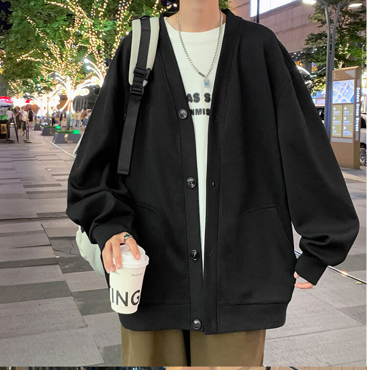 CHUTAN Men's Sweater Cardigan V-Neck Autumn Winter Pullover Casual Japanese Style Long Sleeve Sweater, Black, 2XL 12