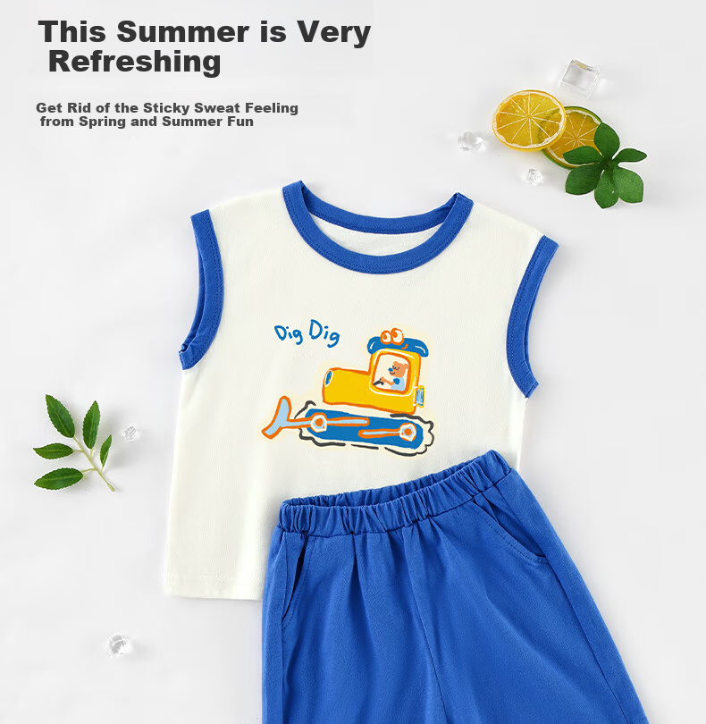 Badibadi Summer Baby Toddler Cotton Set Sleeveless Vest Shorts Unisex Baby Light Gray Cat Fishing 110 4