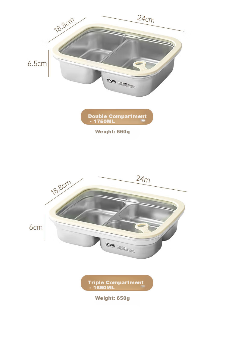 Wuxin Quality 316L Stainless Steel Lunch Box for Office Workers, Divided Bento Box, Microwave Safe, Large Capacity Double Compartment 1250ml 16