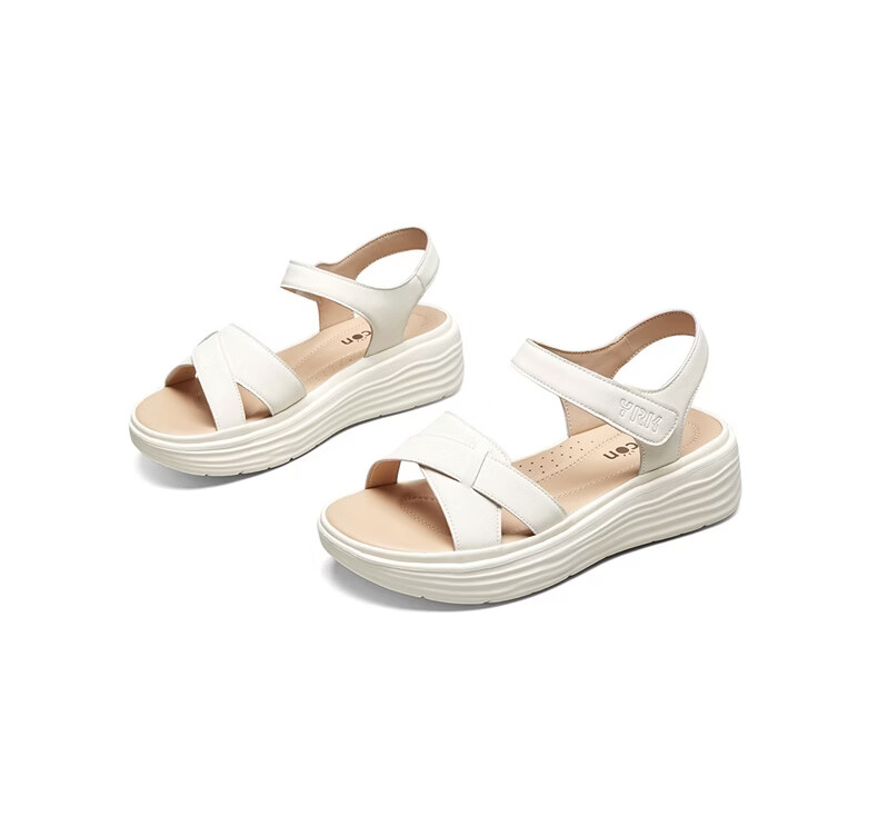 Eierkang Women's Sandals Thick Sole Height Increasing Large Size Casual Sandals Magic Tape Soft Sole Mom Sandals 18065W Apricot Color Size 38 8