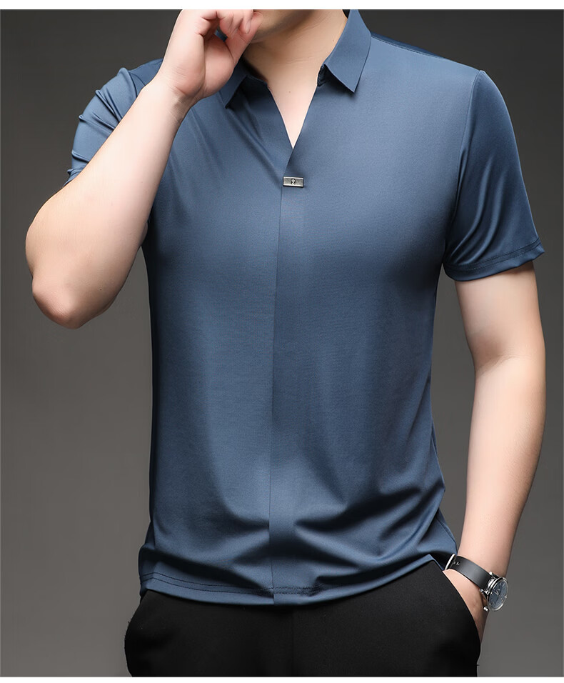 Pierre Cardin Men's Short Sleeve T-Shirt Ice Silk Seamless Slim Fit High-End Business Polo Shirt Blue M Summer 2026 New 14