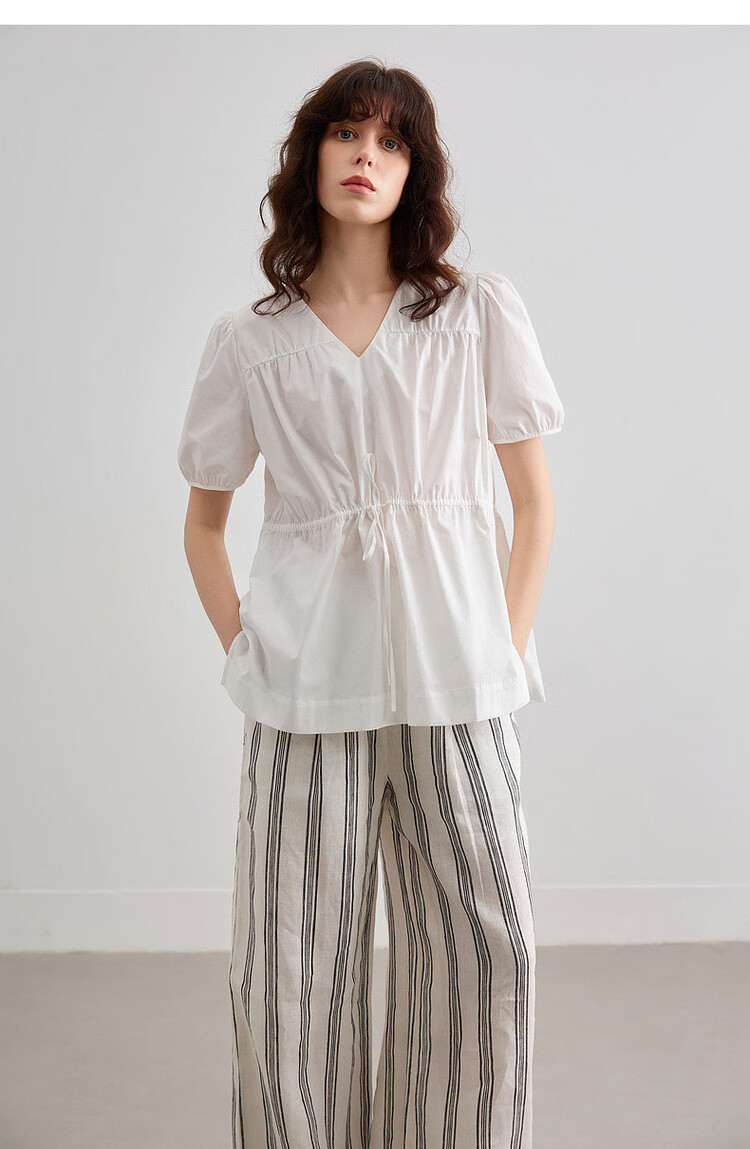 Demana Pure Cotton Light Life Summer Minimalist V-Neck Drawstring Shirt Loose Comfortable Short Sleeve Blouse Women's Top 15