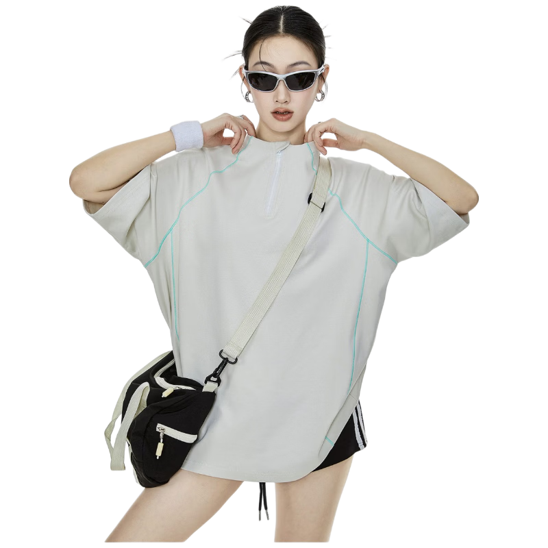 ICH MODE Women's American Style Outdoor Quick-Dry Cooling Short Sleeve T-Shirt Summer Loose Half Sleeve Zip Sports Top Advanced Gray S
