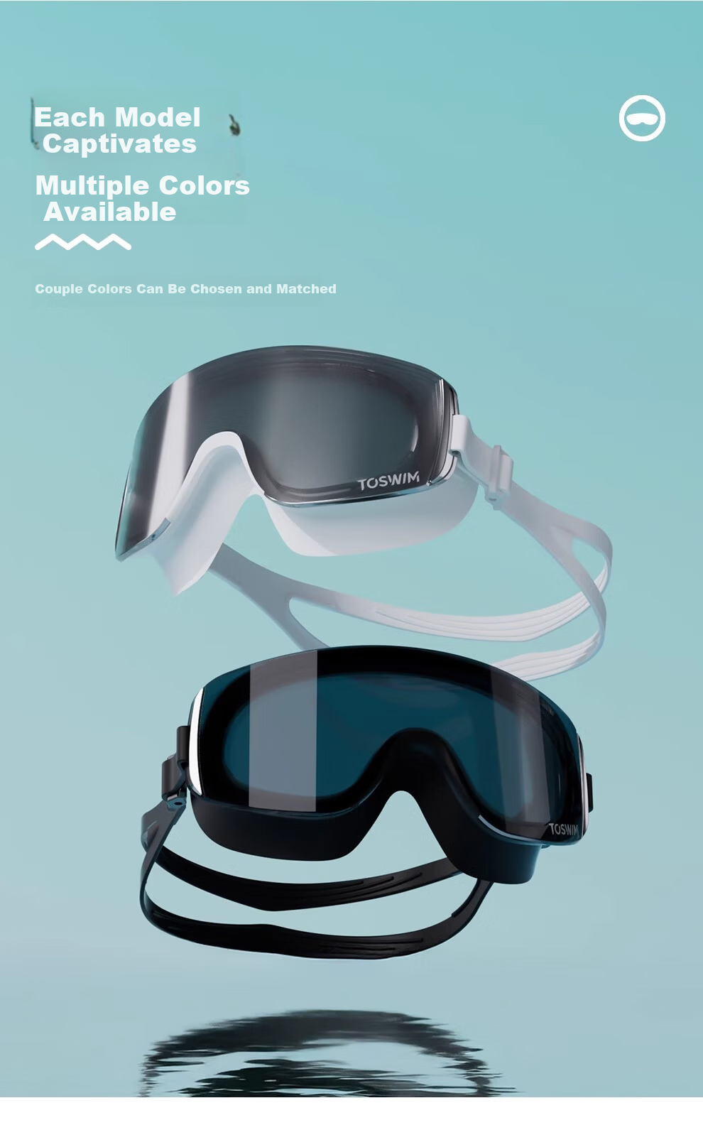 TOSWIM Large Frame Waterproof Anti-Fog Swimming Goggles Unisex HD Coated Professional Eyewear Abyss Glow Plano 12