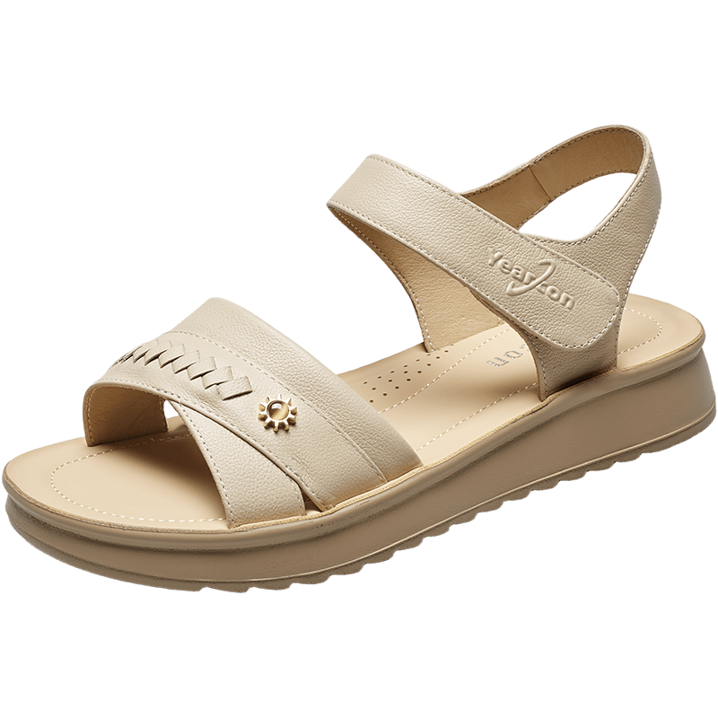 Eierkang Women's Genuine Leather Soft Sole Magic Tape Comfortable Wedge Sandals for Middle-aged and Elderly Moms 18061W Apricot Color Size 36