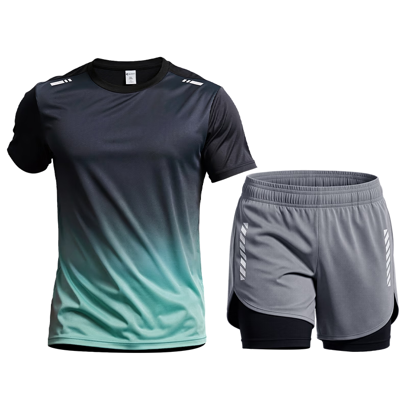 BURUITE Men's Running Sports Set Fitness Ice Silk Marathon Training Badminton Quick-Dry Summer Short Sleeve T-Shirt and Shorts
