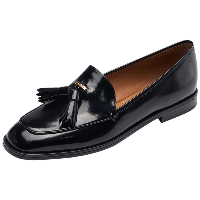 Le Saunda, Qiangdongyue Same Style, Laifu Family Round Toe Comfortable Genuine Leather Loafers Women's 10502, Truffle Black, BKL, 37