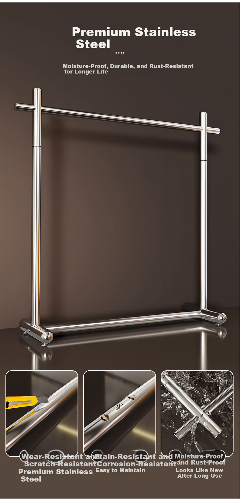 Yaoying YJ11 Stainless Steel Floor Clothes Rack Single Rod Garment Hanger for Bedroom Balcony 120x170cm 4