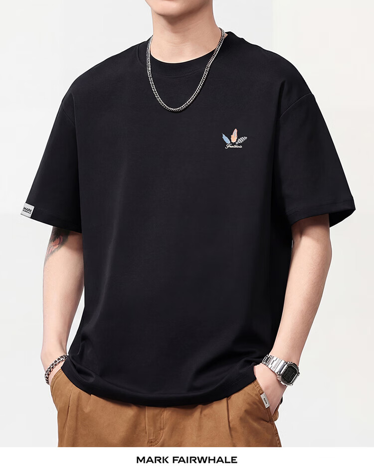 MARK FAIRWHALE Men's Summer Heavyweight Cotton Short Sleeve T-Shirt Fashion Printed Casual Tee Apricot S 11