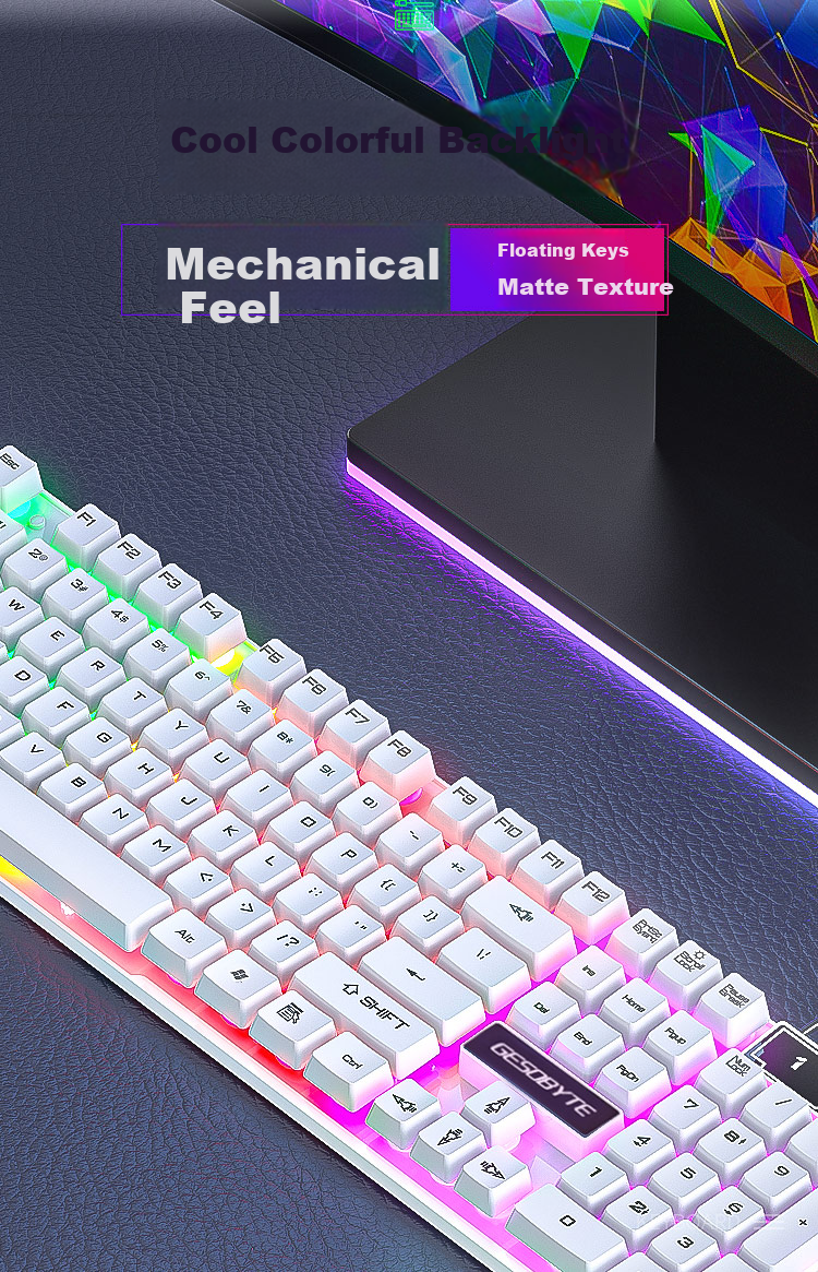 GESOBYTE G11 Wired Mechanical Feel Gaming Keyboard RGB Backlit USB External for Desktop Laptop Home Use White 5