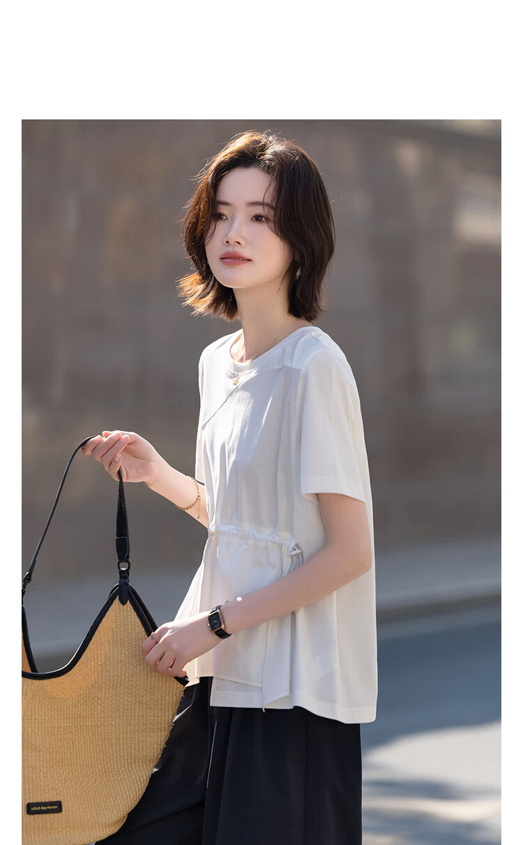Demana [Cool Feeling Sorona] Summer Simple Round Neck Drawstring Asymmetric Hem Loose Slim T-Shirt for Women Premium Quality 9