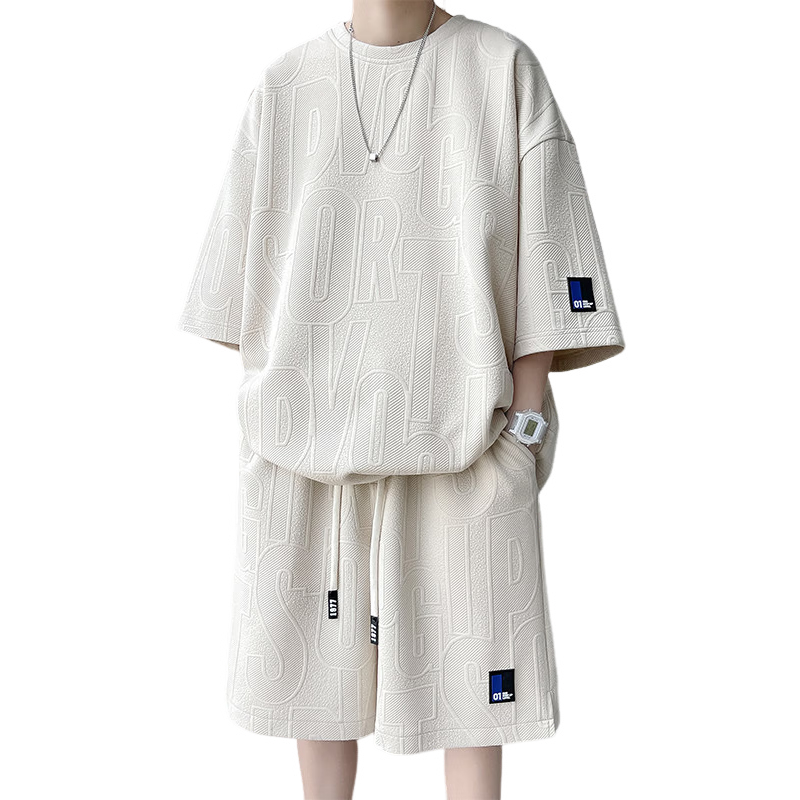 Wassup Sohot Ice Silk Short Sleeve T-Shirt Men's Set New Summer Large Size Loose Half Sleeve Shorts Two-Piece Set Apricot 4XL