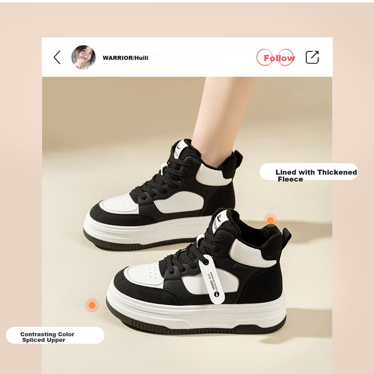 Warrior Women's Winter Fleece-Lined High-Top Sneakers Thick Sole Height Increasing Fashion Sports Casual Shoes White Black Size 39 3