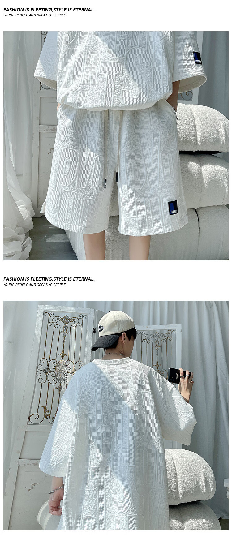 Wassup Sohot Ice Silk Short Sleeve T-Shirt Men's Set New Summer Large Size Loose Half Sleeve Shorts Two-Piece Set Apricot L 3