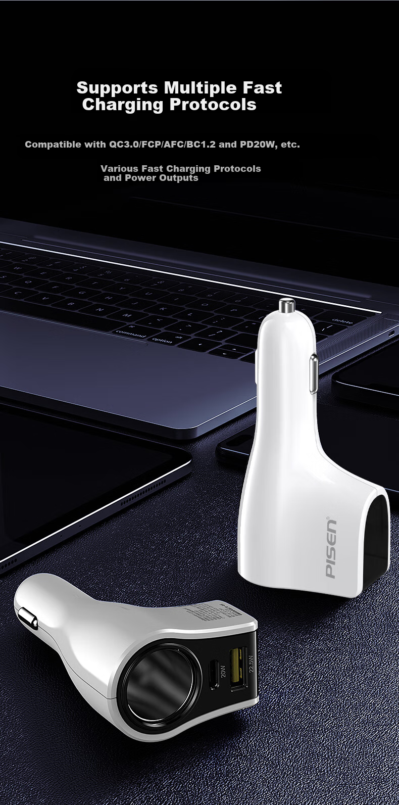 PISEN 65W Car Charger Dual-Port Fast Charging Cigarette Lighter Adapter for Apple 17, Huawei, Xiaomi, Dash Cam, Multi-Function Car Charger 5