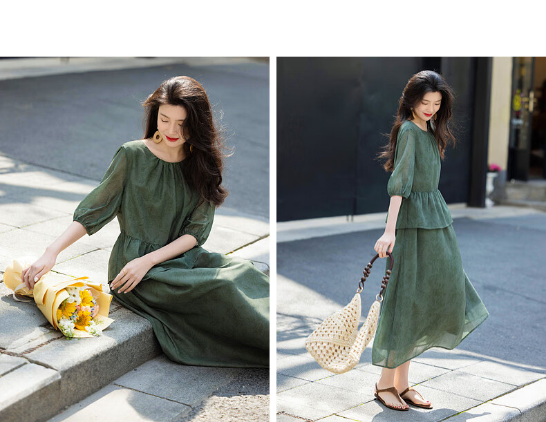 Demana [Bamboo Breeze] Summer Faux Two-Piece Ruffle Vintage Print Slimming Lightweight Flowing Women's Dress 11