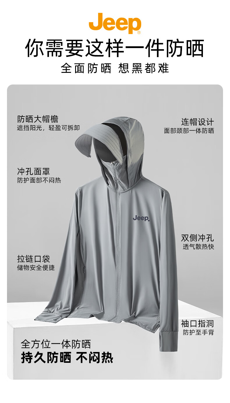 JEEP Men's Summer Ice Silk Quick-Dry Sun Protection Jacket Outdoor Lightweight UV Protection Fishing Coat Glacier Gray M 6