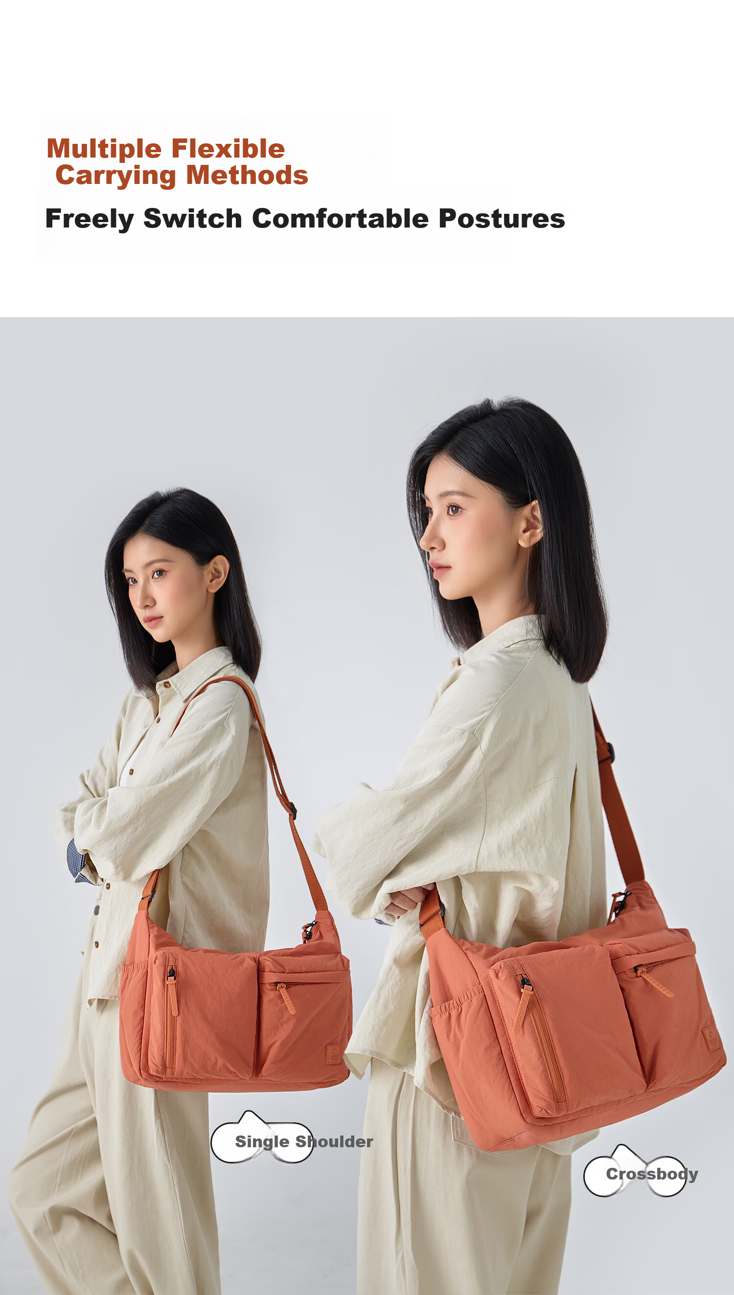FOUVOR Fox Fashion Crossbody Bag for Women Multi-Pocket Shoulder Bag Large Capacity Lightweight Versatile Oxford Cloth Bag Orange 9