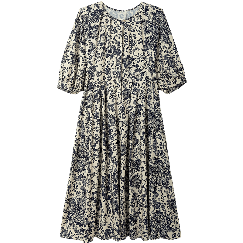 Demana Vintage Aesthetic Summer Urban Commuter Round Neck Printed Mid-Sleeve Satin Slim Fit Dress for Women High-End Feel