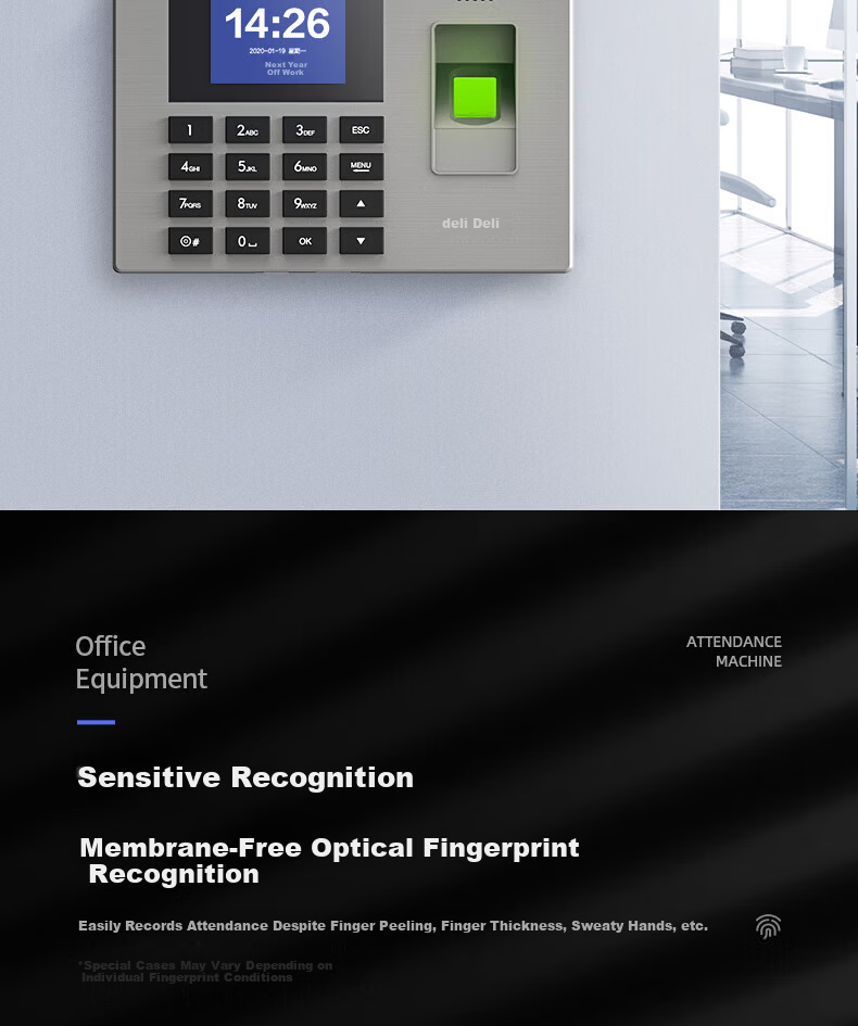 Deli AH100 Fingerprint Attendance Machine 1200 Prints 36 Departments Large Capacity Sensitive Optical Fingerprint Recognition TFT Color LCD 5