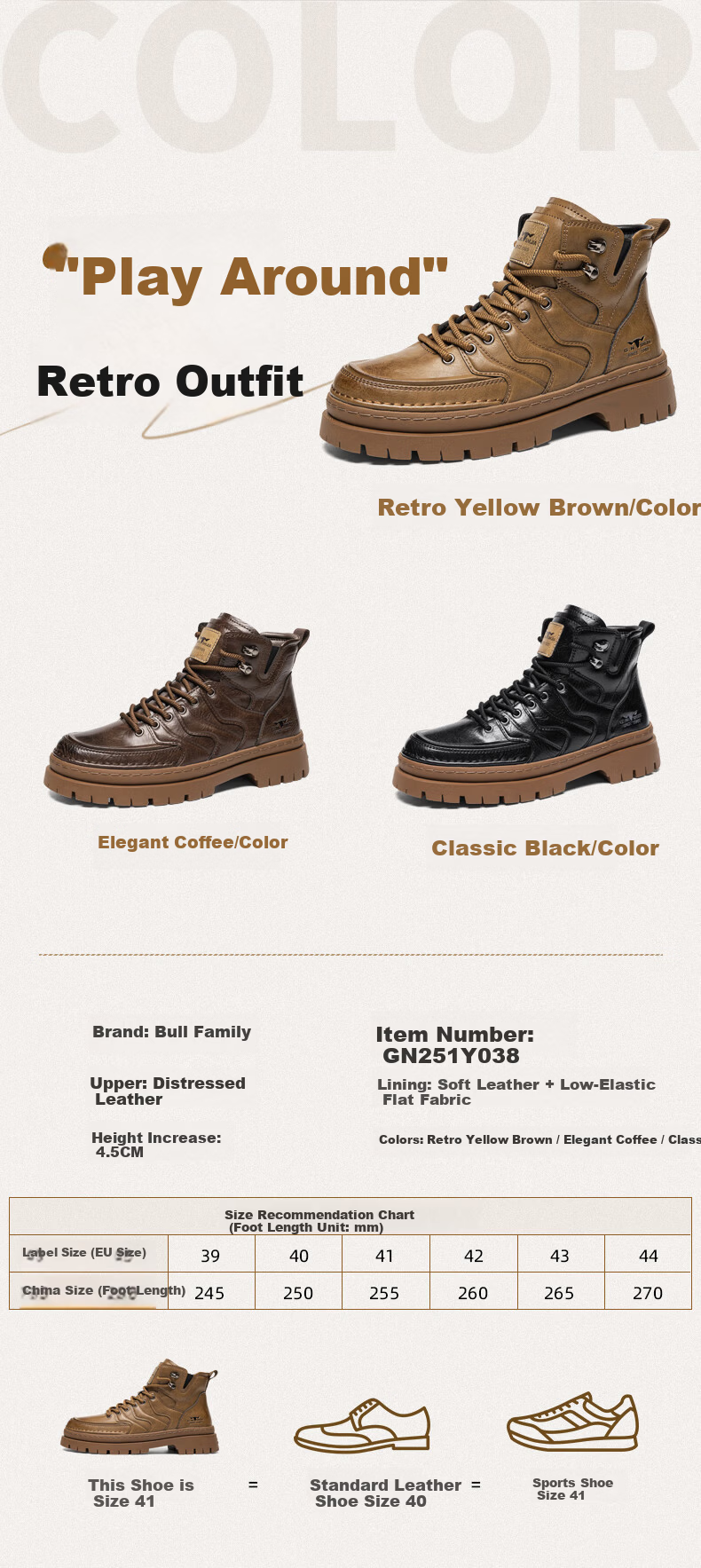 Bull Family [Zhang Ruoyun Edition] Men's Martin Boots Autumn Winter New Retro Versatile High-end Men's Boots Thick-soled Height-increasing Work Boots 3