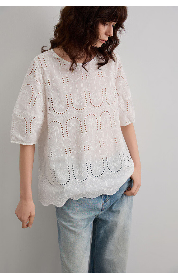 Demana Pure Cotton Light Life Summer Artistic Lace Embroidered Round Neck Shirt with Hem Lace Short Sleeve Blouse for Women 13