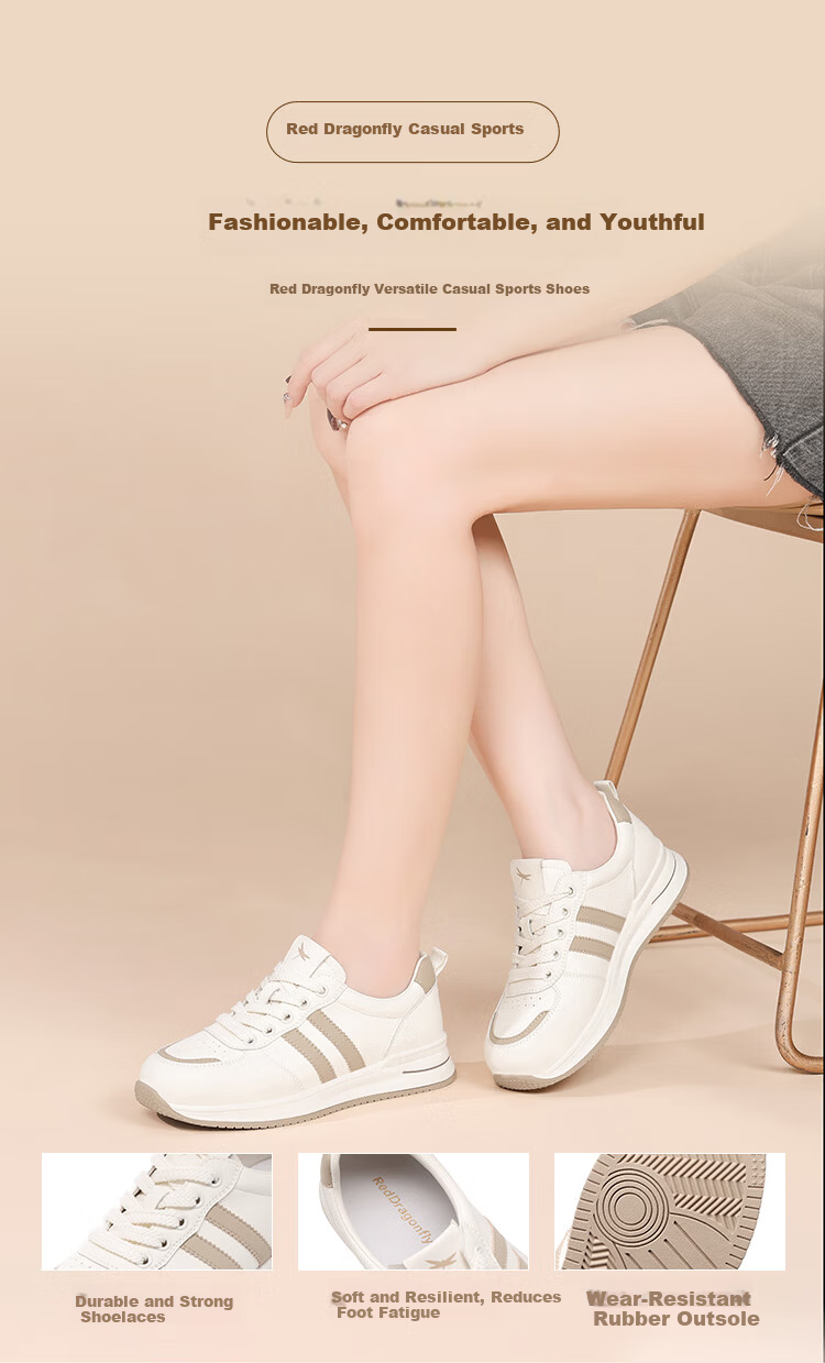 Red Dragonfly Women's Breathable Low-top Trendy Sports Shoes Outdoor Versatile Travel White Sneakers EXB350601 Beige Size 39 1