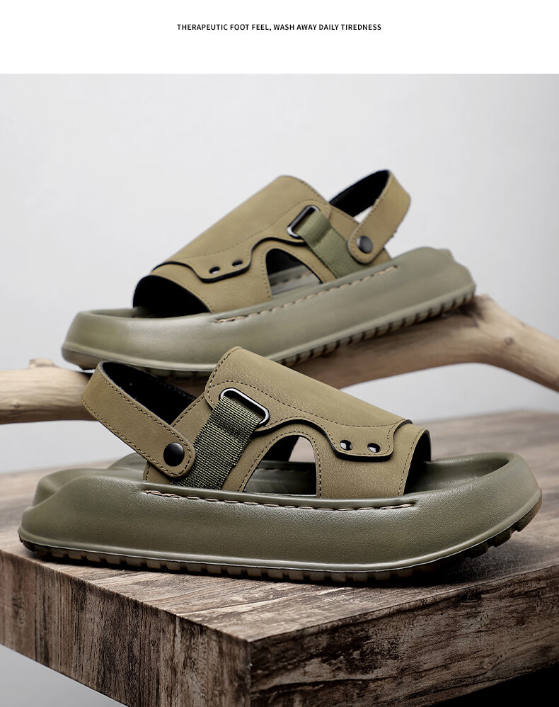 MEXICAN Spring Summer New Men's Leather Sandals Beach Shoes Dual-Wear Breathable Green 40 21