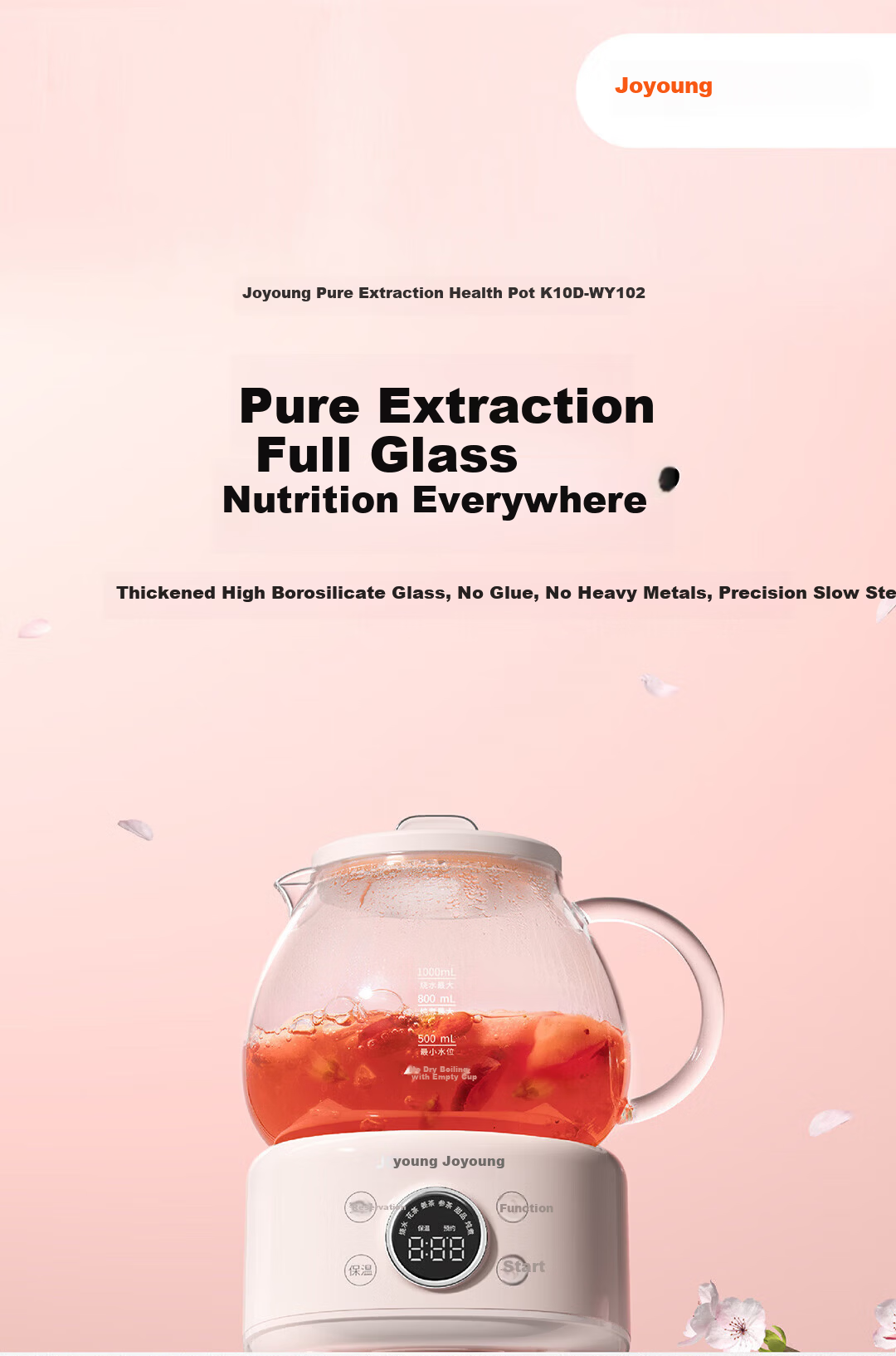 Joyoung 1L Glass Health Pot Temperature Control Kettle Multifunctional Tea Kettle Office Flower Tea Kettle No Glue Water Boiler 24H Reservation 24H Keep Warm K10D-WY102 3