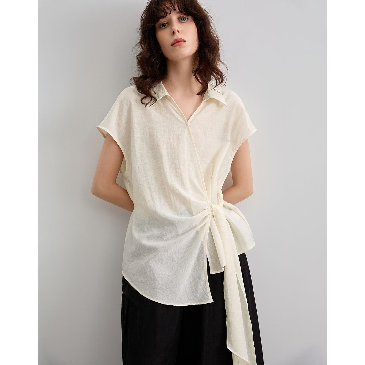 Demana [With Natural Linen] Summer Minimalist Side Knot Shirt Elegant Commuter High-End Blouse for Women