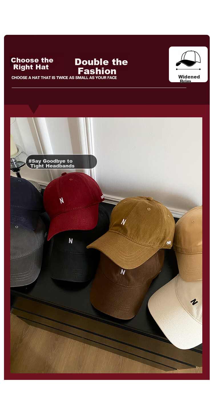 HAOGUAN Women's Baseball Cap, Korean Style, Face-Slimming, Large Head Circumference, Men's Sunshade, Red Duckbill Hat, Spring and Autumn 2