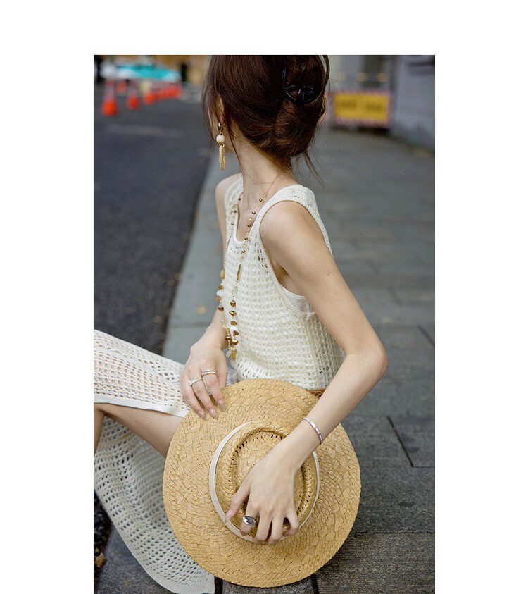 MT Breathable Knit Spring French Vacation Style Hollow Out Sleeveless Side-Slit Mid-Length Women's Dress 10