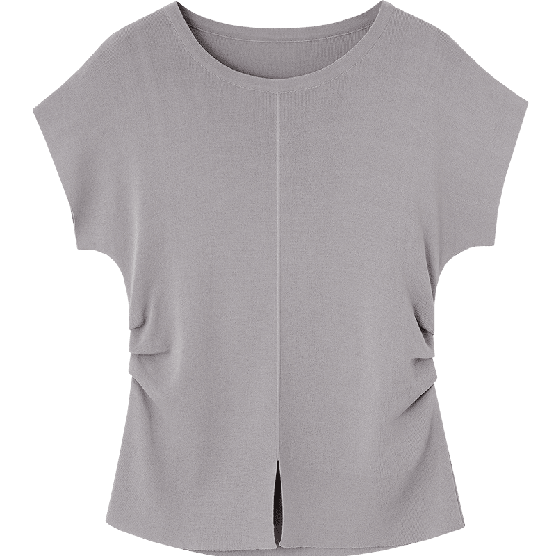 Demana Elegant Lightweight Office Summer Round Neck Split Shoulder Side Seam Ruched Slimming Knit Top for Women