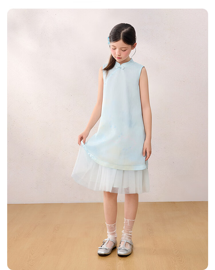Balabala Girls Dress Children's Dress 2026 Summer New Baby New Chinese Style Qipao Dress Spliced Mesh Sweet 20