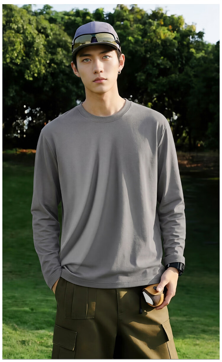 Nanjiren Long Sleeve T-Shirt Men Spring Autumn Basic Solid Color Crew Neck Loose Fit Pure Cotton Top Unisex 6
