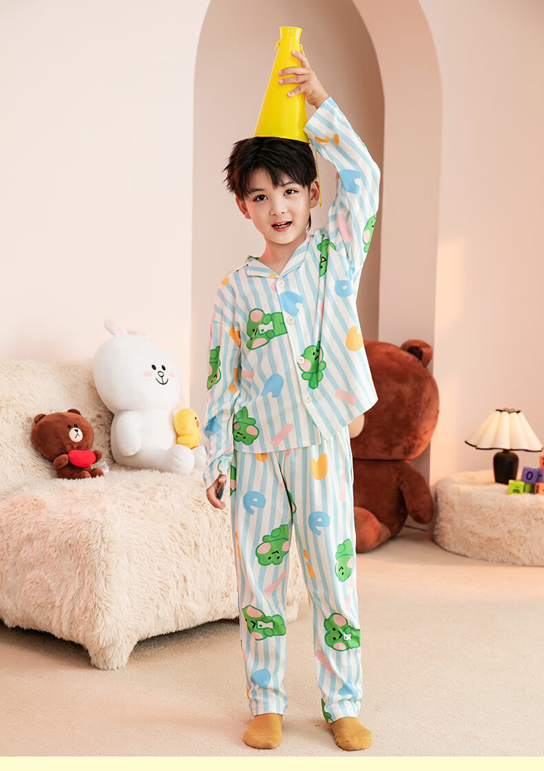 Fenteng Children's Pajamas, Boys' Brown Bear Design, Authentic Early Spring Pure Cotton Striped Sleepwear for Older Childre 6