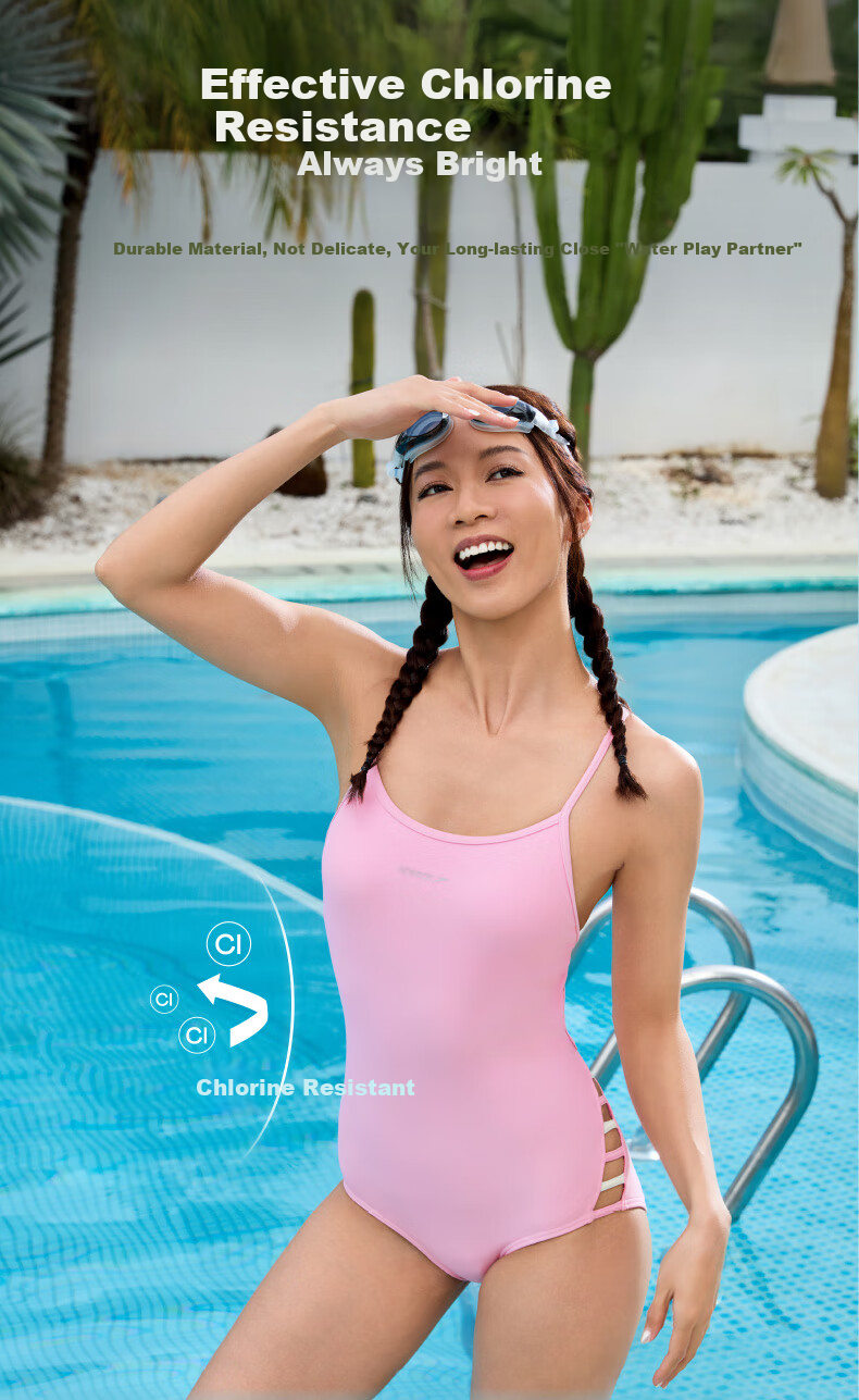Speedo Free Series Chiffon Free Cross Back Thin Strap High Elasticity Thermal Spring One-Piece Swimsuit for Women, Sunset Pink, Size 34 3