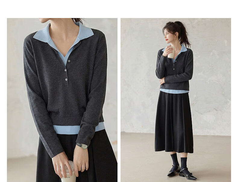 Demana Autumn Elegant Deep V Two-Piece Contrast Slimming Knit Sweater with Mulberry Silk and Wool for Women 6