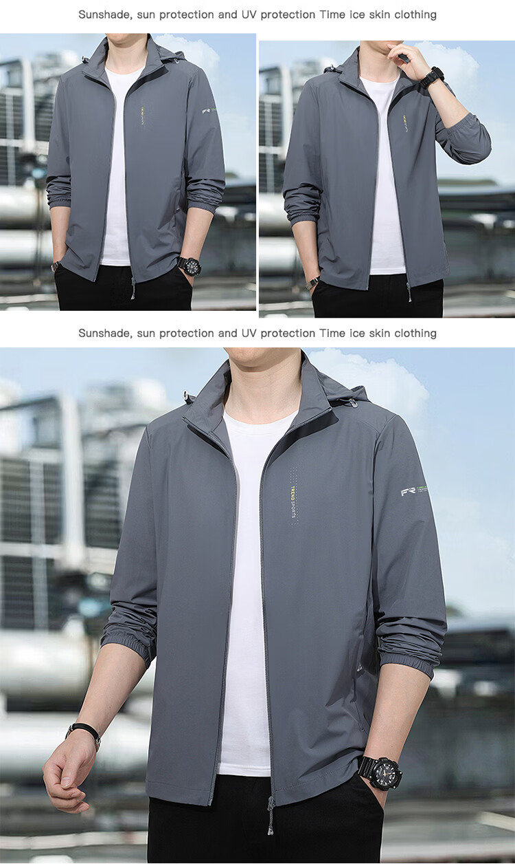 ROMON Men's Sunscreen Jacket Summer Ice Silk Quick-Dry Lightweight Breathable Casual Outdoor Fishing Coat Dark Gray M 8856 10