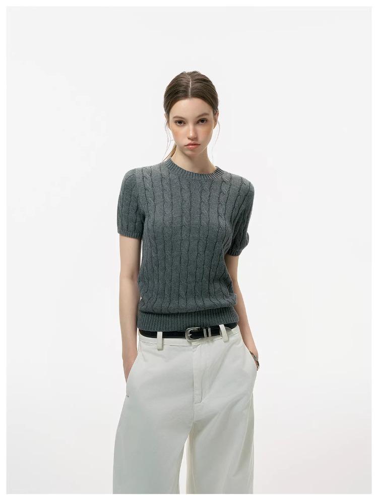 ICH MODE Intelligent Old Money Round Neck Cable Knit Short Sleeve Women's Summer Thin Mesh T-Shirt Pure Cotton Base Top Spring Off-White S 28