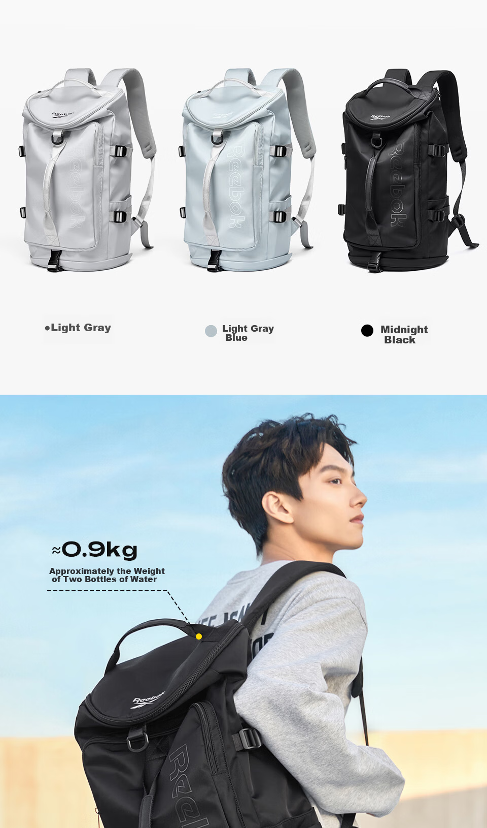 Reebok Men's New Water-Resistant Sports Backpack Large Capacity Travel Handbag Light Gray 3