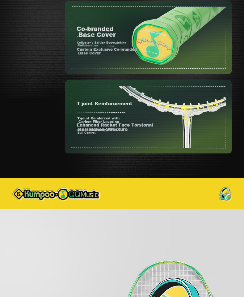 KUMPOO QQ Music Collaboration Full Carbon Ultra-Light All-Purpose Badminton Racket Silver Green (Pre-Strung) 7