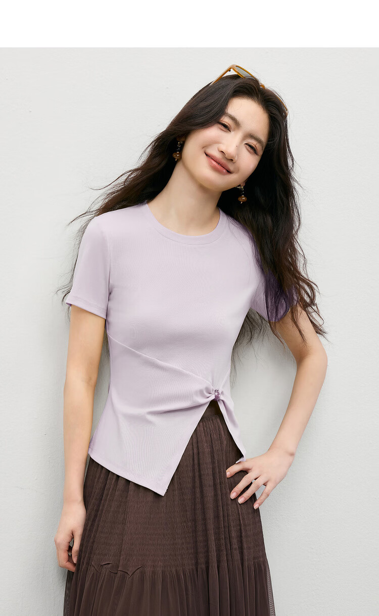 Shangdu Bila Lenzing Cotton T-Shirt Women Spring Summer Korean Style Round Neck Split Hem Beaded Twist Slim Fit Layering Top 3