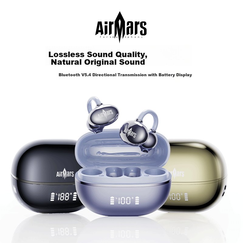 AIRMARS Clip-On Bluetooth Earphones Open-Ear Non-In-Ear Directional Sound Sports Running Noise-Cancelling Call Display Charging Case Compatible with Apple Huawei Honor Xiaomi Phones