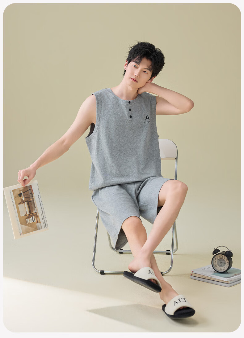 Xunmianren Men's Summer Vest Pajamas Pure Cotton Thin 2026 New Minimalist Plus Size Sleeveless Homewear Set 15