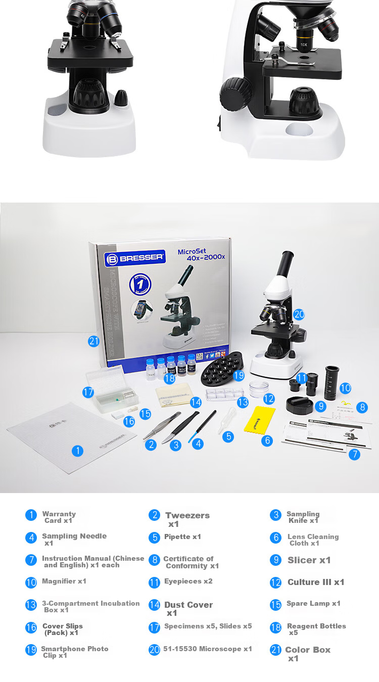 Bresser Microscope Children's Biological Experiment Stereoscopic Optical Set 2000x HD Magnification 15
