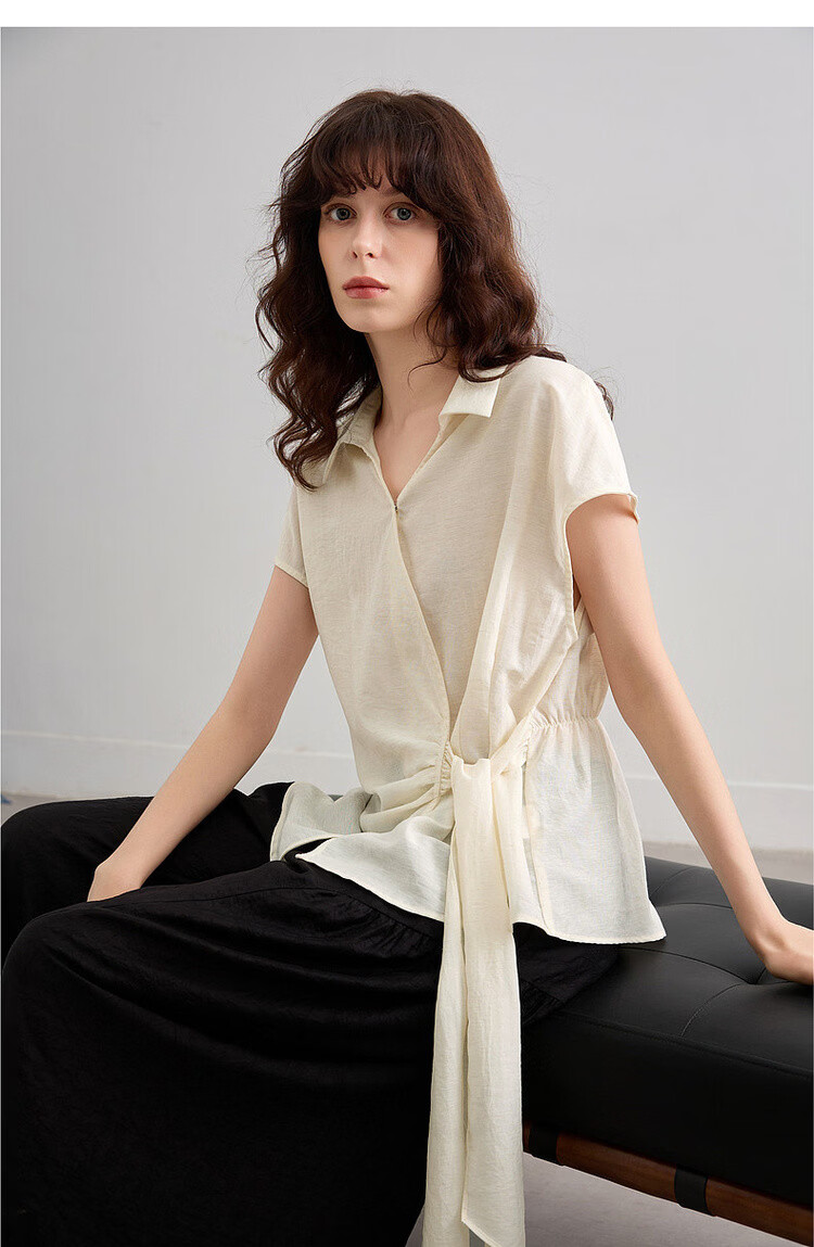 Demana [With Natural Linen] Summer Minimalist Side Knot Shirt Elegant Commuter High-End Blouse for Women 14